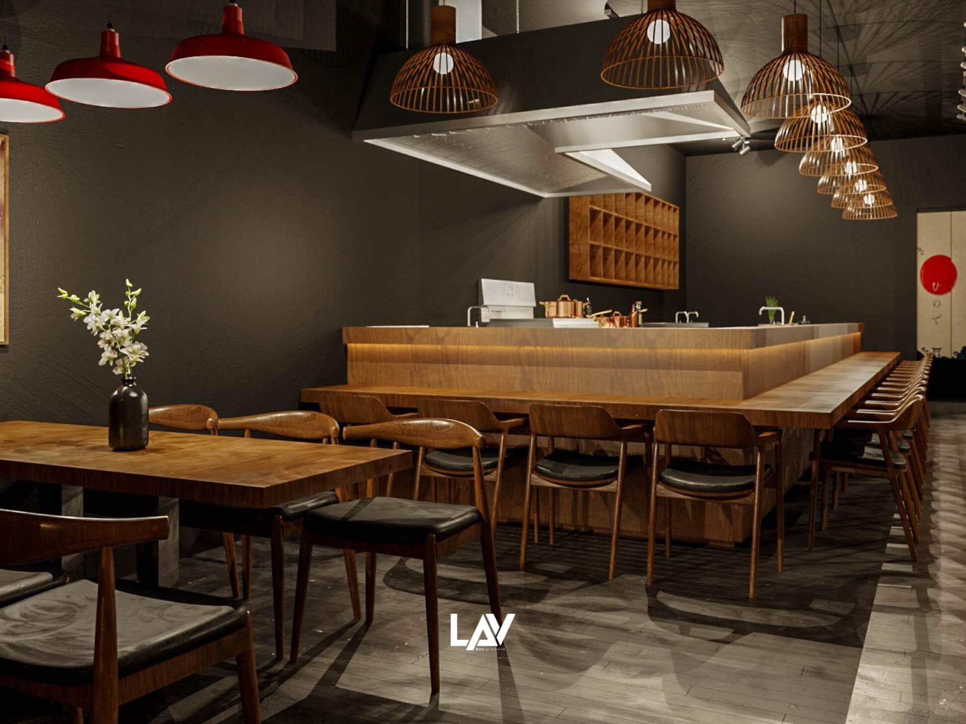 Quầy bar mở của nhà hàng Hinode Izakaya hình 3D