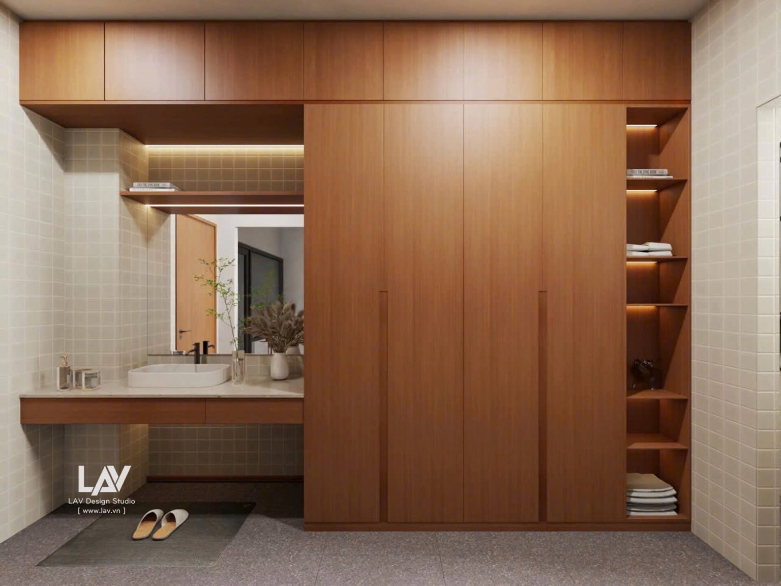 Lavabo và tủ quần áo đặt trong nhà vệ sinh thuận tiện cho việc sinh hoạt 