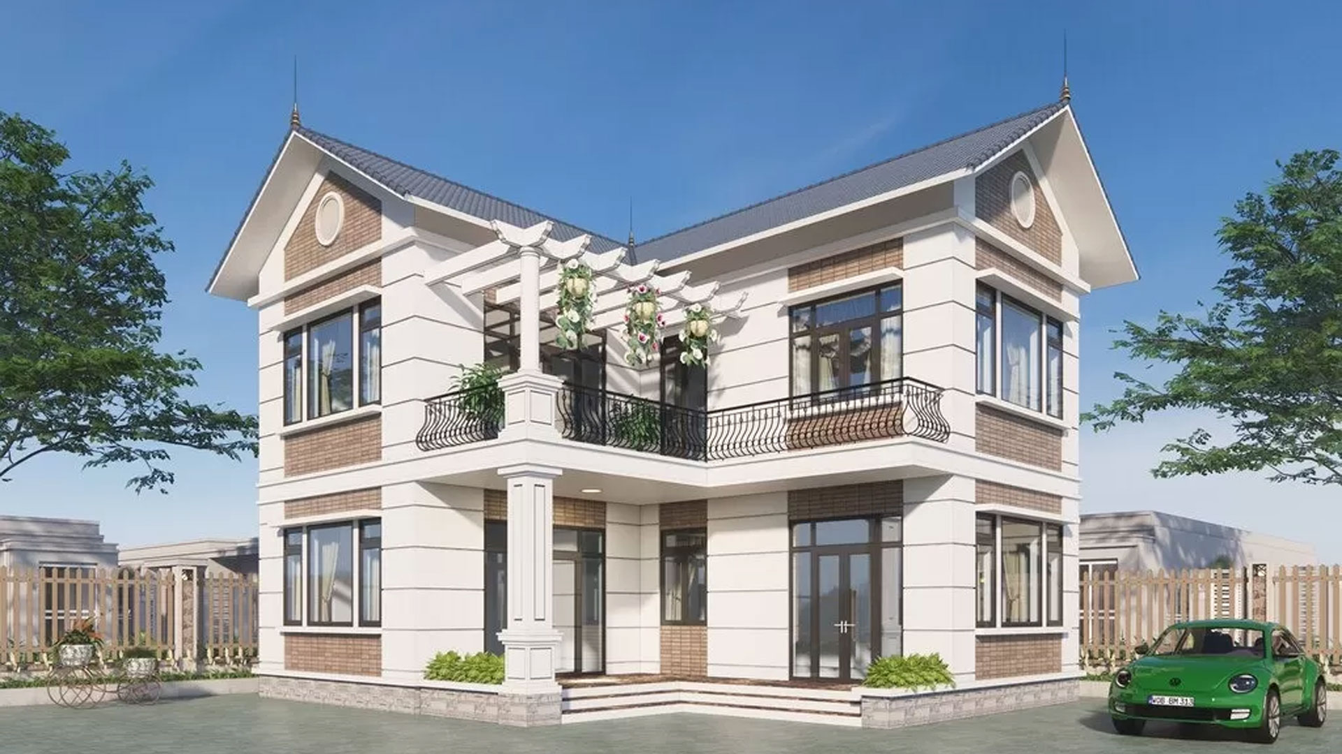 biệt thự 2 tầng mái thái kiểu chữ L