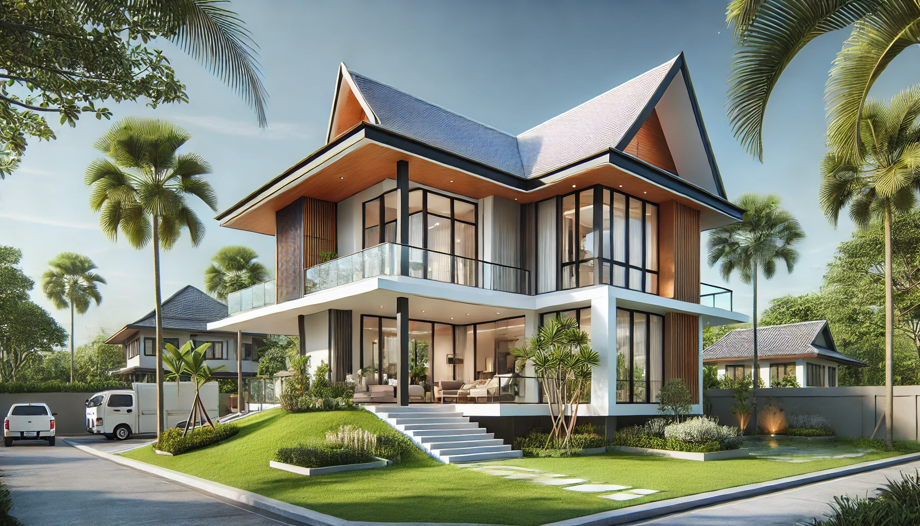 nhà mái thái 2 tầng kiểu chữ L